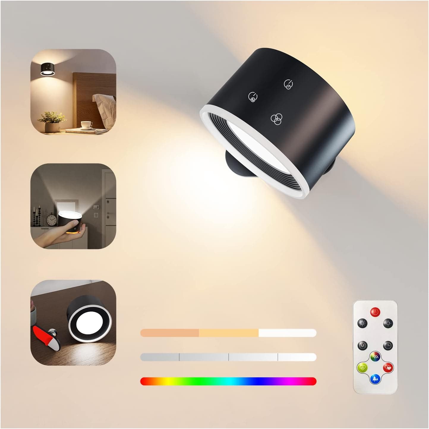 Feallive Candeeiro de parede, aplique com controlo remoto ambiental RGB regulável com bateria recarregável, função de temporizador de 1 hora com controlo tátil 360° rotativo (preto luz colorida)