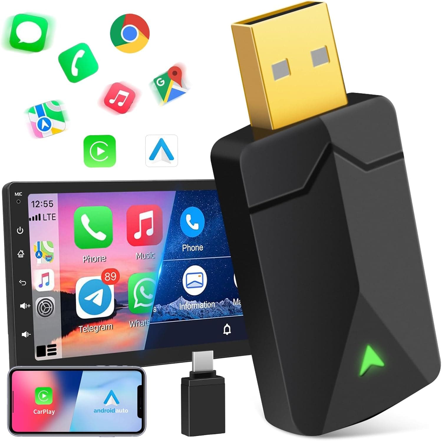 Adaptador sem fios 2 em 1 para CarPlay e Android Auto, converte conexão com fio com fio, fácil de ligar e usar, USB C/A, mini e estável, compatível com iOS 10 e Android 11 +