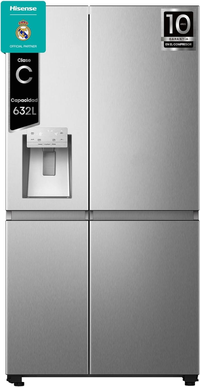 Hisense RS818N4TIC1 Frigorífico americano Side By Side, Class C, 632 L, 179,5 cm x largura 91 cm, cor inoxidável, multi Airflow, congelamento rápido, dispensador de água e gelo, tecnologia inverter