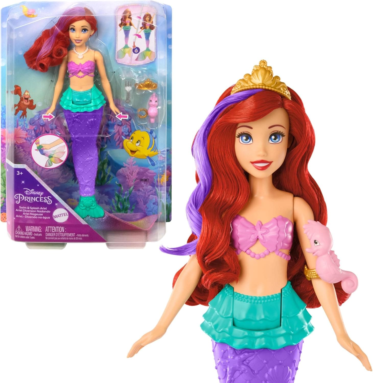 Mattel Brinquedos Disney Princess, boneca de Ariel sereia nadadora com cauda e cabelo que muda de cor, brinquedo inspirado no filme da Disney, brinquedo + 3 anos, HPD43