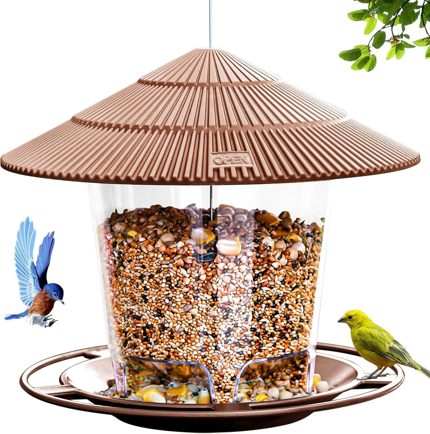 Hanizi Alimentador suspenso para pássaros à prova de esquilos para sementes de pássaros selvagens ao ar livre, exterior, decoração de jardim (castanho)