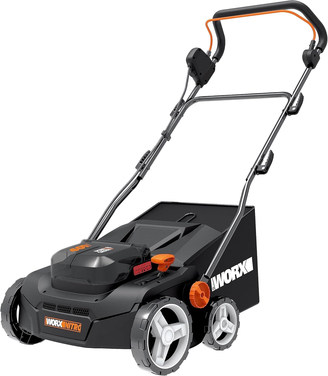 WORX Nitro WG855E.9 Escarificador de bateria e aerador de relva, até 400 pouces, largura de trabalho de 36 cm, motor sem escovas, 4 níveis de ajuste de altura, inclui saco de erva de 40 l, sem