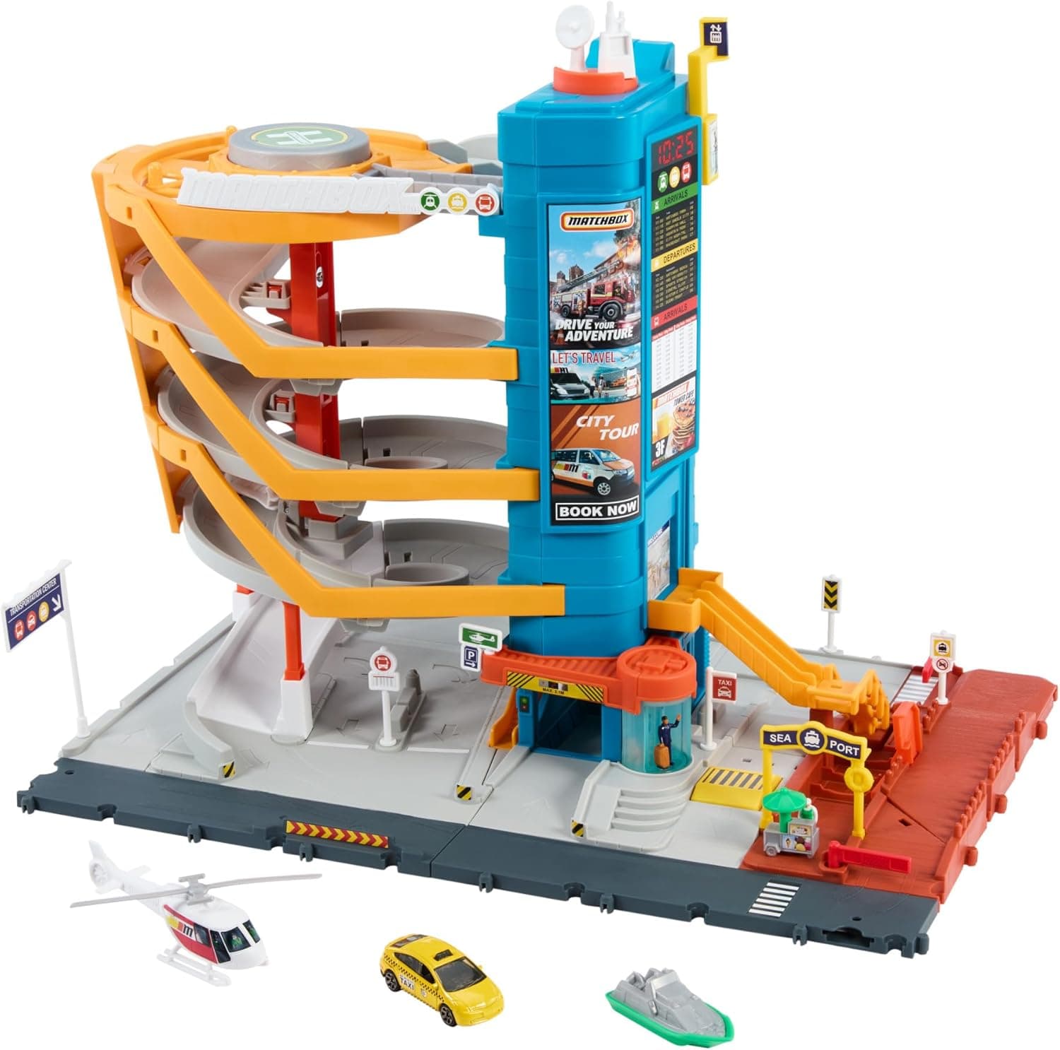 Matchbox HXL47 | Parque de estacionamento de 5 andares com barco, heliponto e 3 veículos para crianças