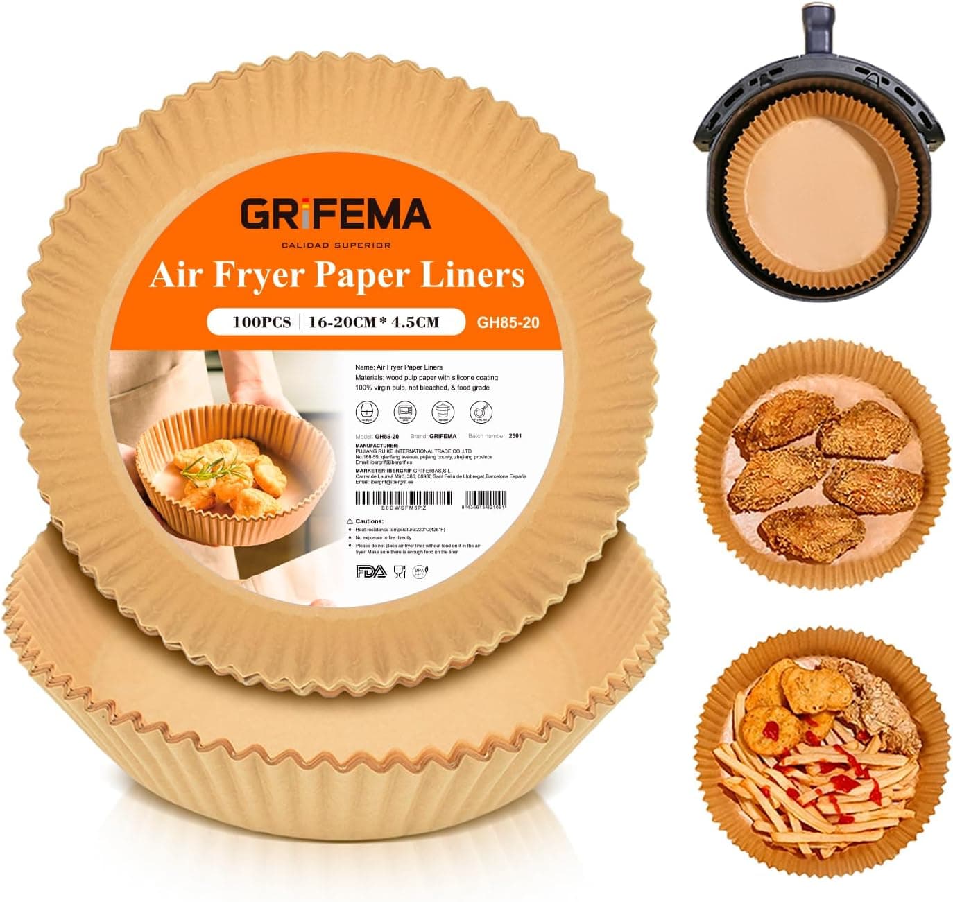 GRIFEMA Papel de fritadeira de ar 100 peças, papel para fritadeira de ar redondo sem BPA, 16-20 cm