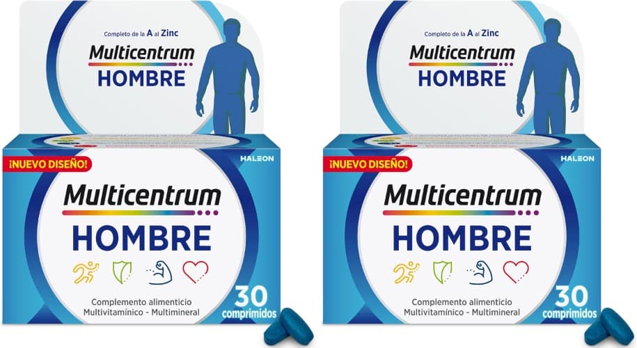 Multicentrum Complemento alimentar masculino multivitamínico e multimineral para homens, sem glúten, com vitamina C e D, 30 comprimidos x 2