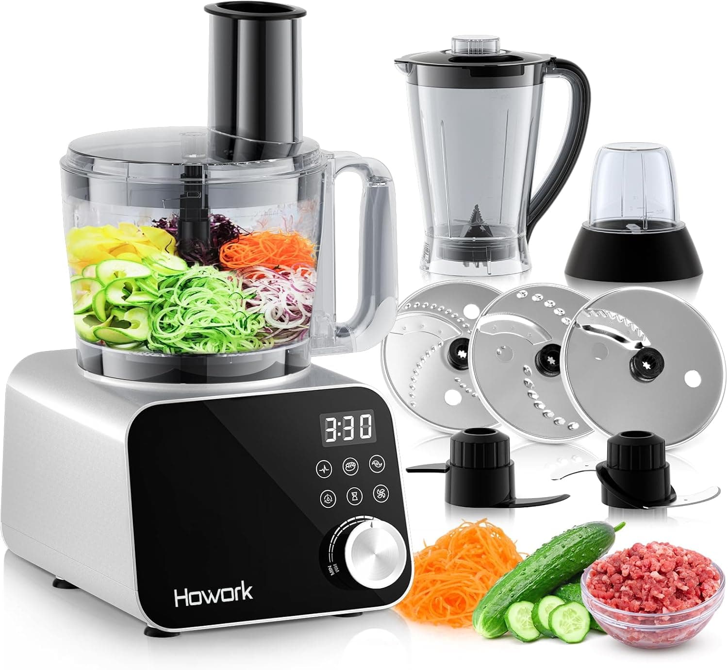 Howork Processador de alimentos de 1500 W, multifunções de grande capacidade Food Processor, para triturar, fatiar, picar, moer, batidos, picadas, enchimento e massa, robôs de cozinha (prateados)