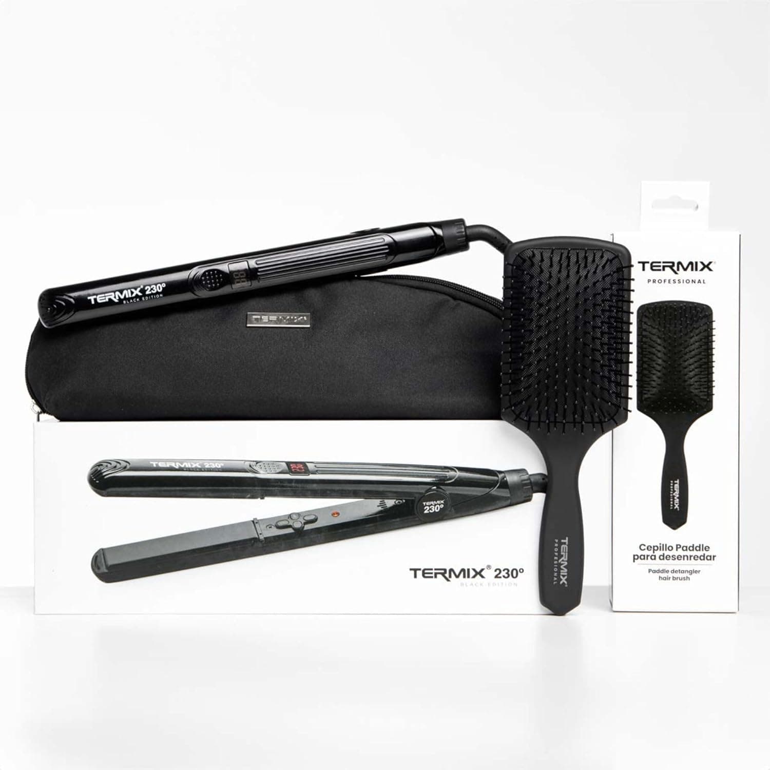 TERMIX - Pack de ferro de cabelo profissional 230º escova Paddle Brush | tratamentos em empilhar | escovagem profissional | ferro com placas de cerâmica, temperatura ajustável| Nano Tecnologia.