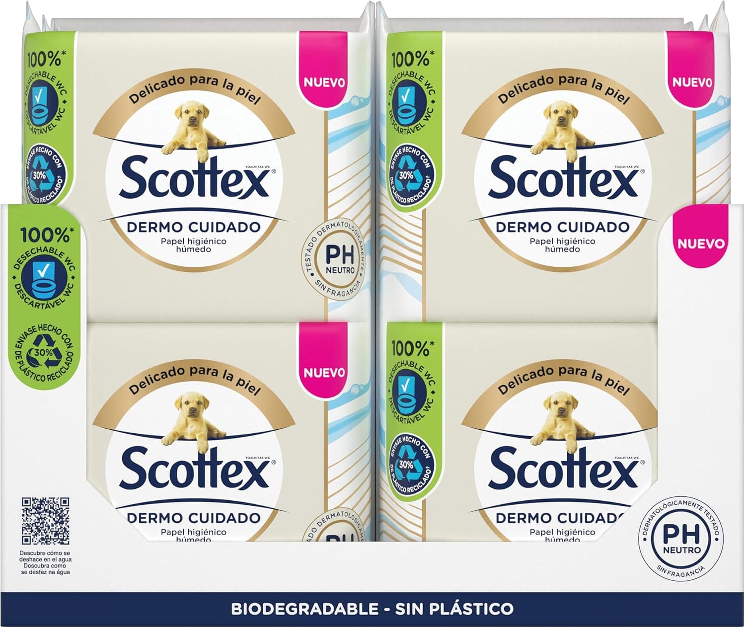 Scottex Papel higiénico húmido cuidado suave PH neutro para peles delicadas, biodegradável e sem plástico, caixa de 12 embalagens com 66 serviços, total 456 toalhas húmidas descartáveis por WC