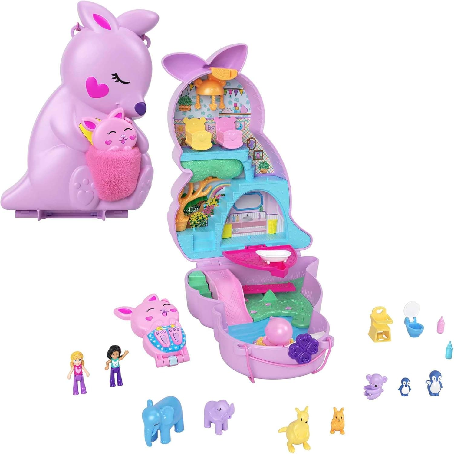Polly Pocket Mala e estojo 2 em 1 mãe canguru e bebé Joey, com 2 bonecas, animais de estimação e acessórios, brinquedo + 4 anos (Mattel HKV50)