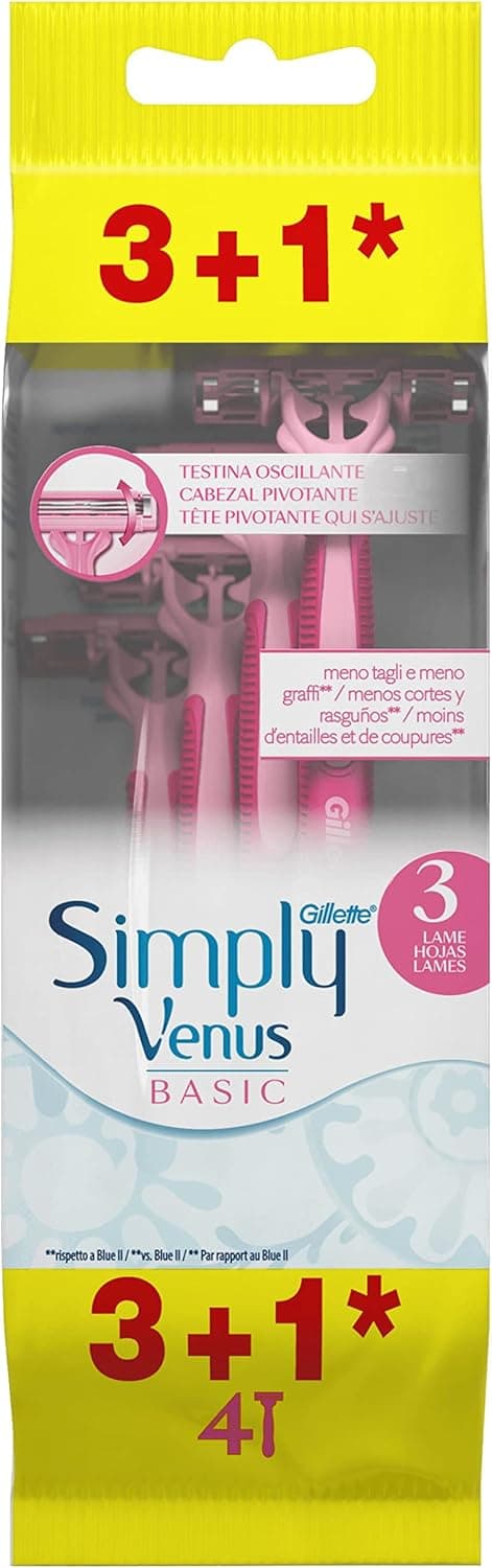 Venus Gillette Simply 3 máquinas de barbear descartáveis para mulher, embalagem de 4 lâminas de barbear