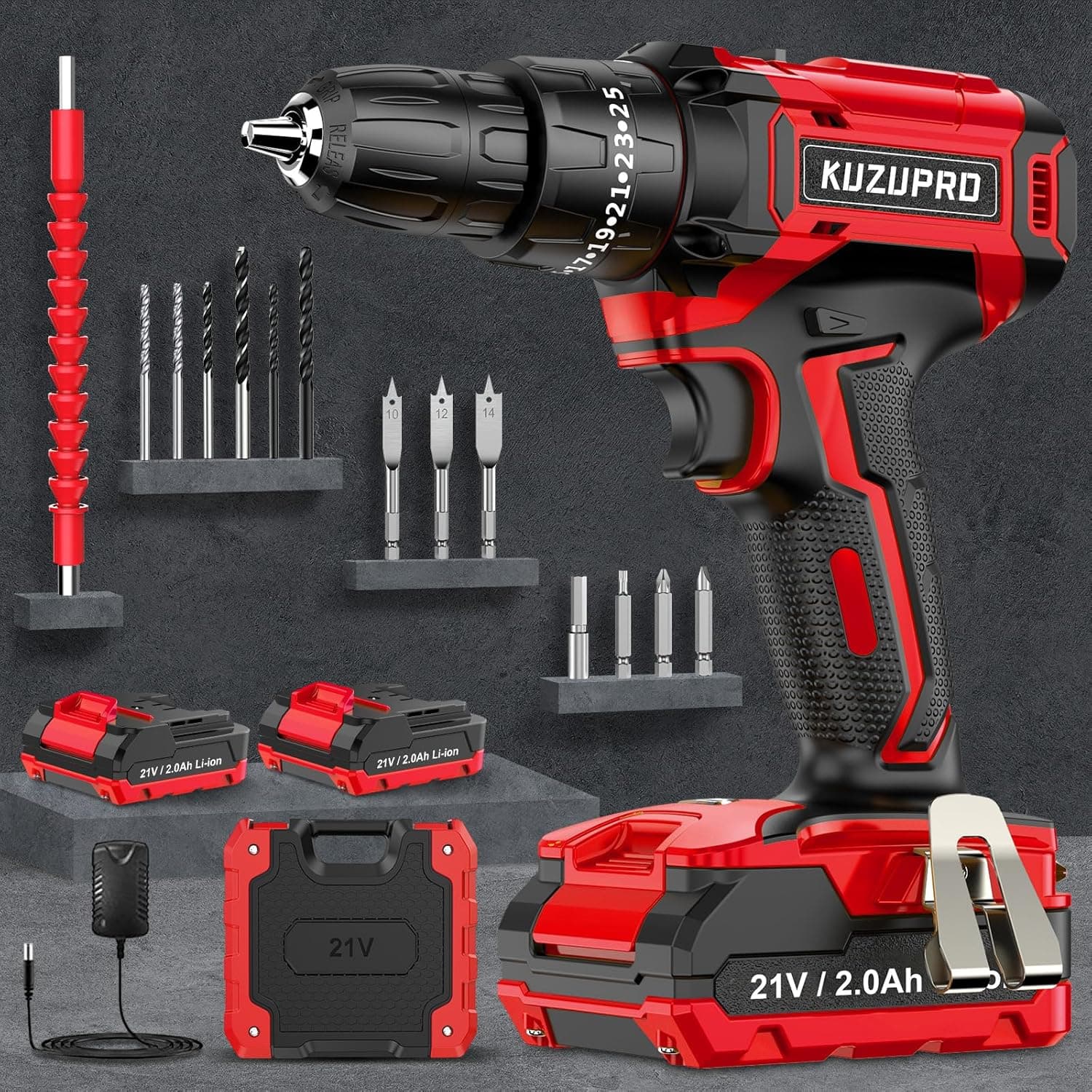 KUZUPRO Broca Percutor bateria 21 V, broca parafuso bateria com 2 x 2,0 Ah baterias, parafuso elétrico 42 Nm, ajuste de par de 25 + 3, 14 acessórios, 2 velocidades, luz LED para casa, bricolage