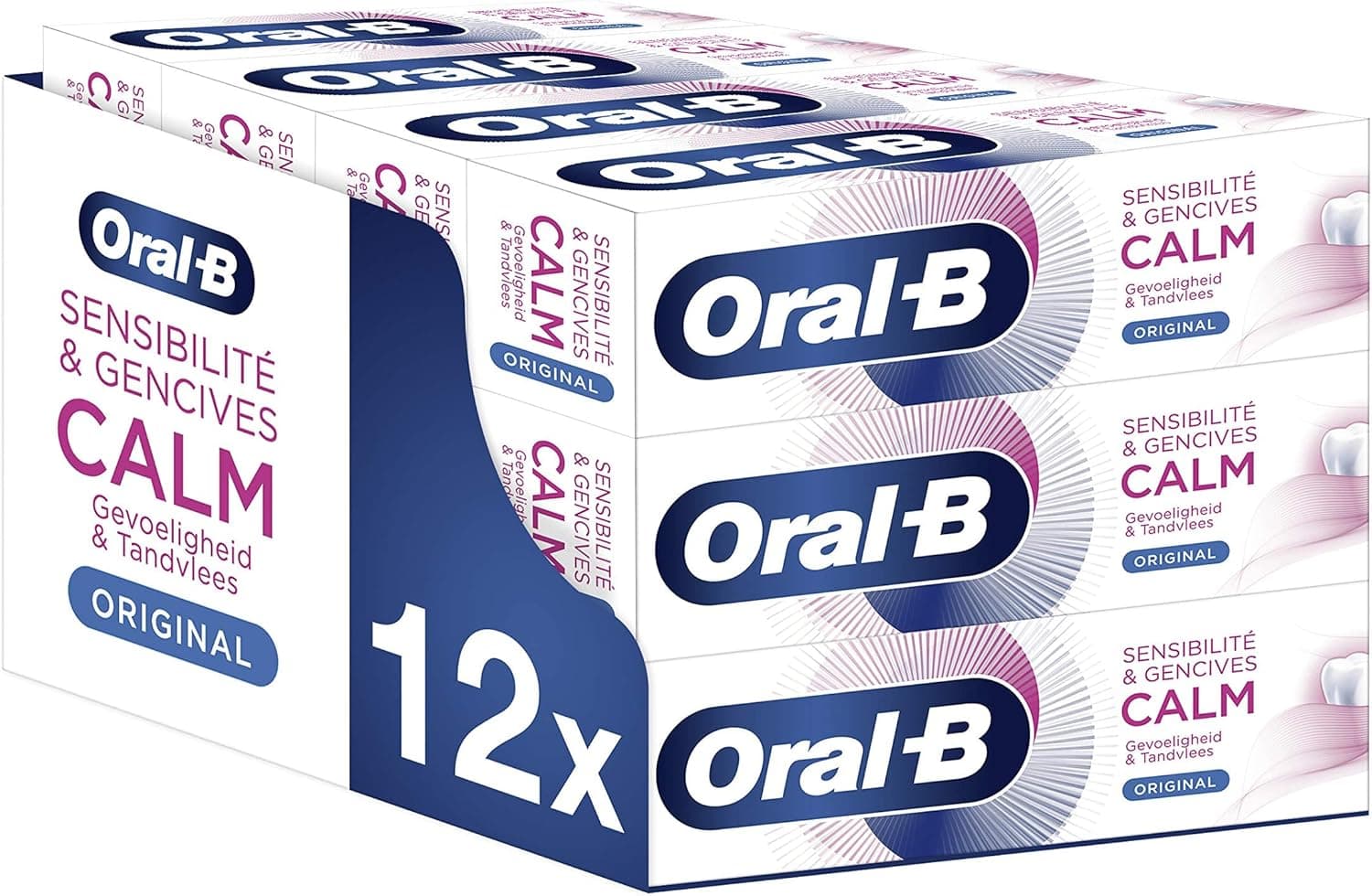 Pasta de dentes oral - B original Calm Sensitivity & Gum, embalagem de 12 (12 x 75 ml), alivia instantaneamente a sensibilidade dos dentes e alivia as gengivas, cartão reciclado ecológico