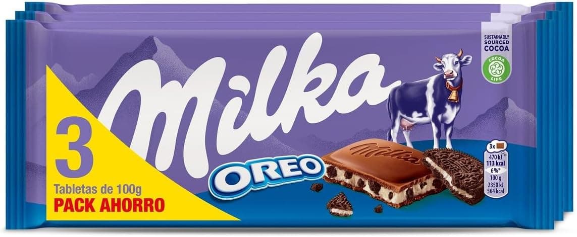 Milka Oreo Tablet de chocolate com leite dos Alpes com pedaços com bolacha ouro e enchimento de baunilha, pack poupança 3 x 100 g