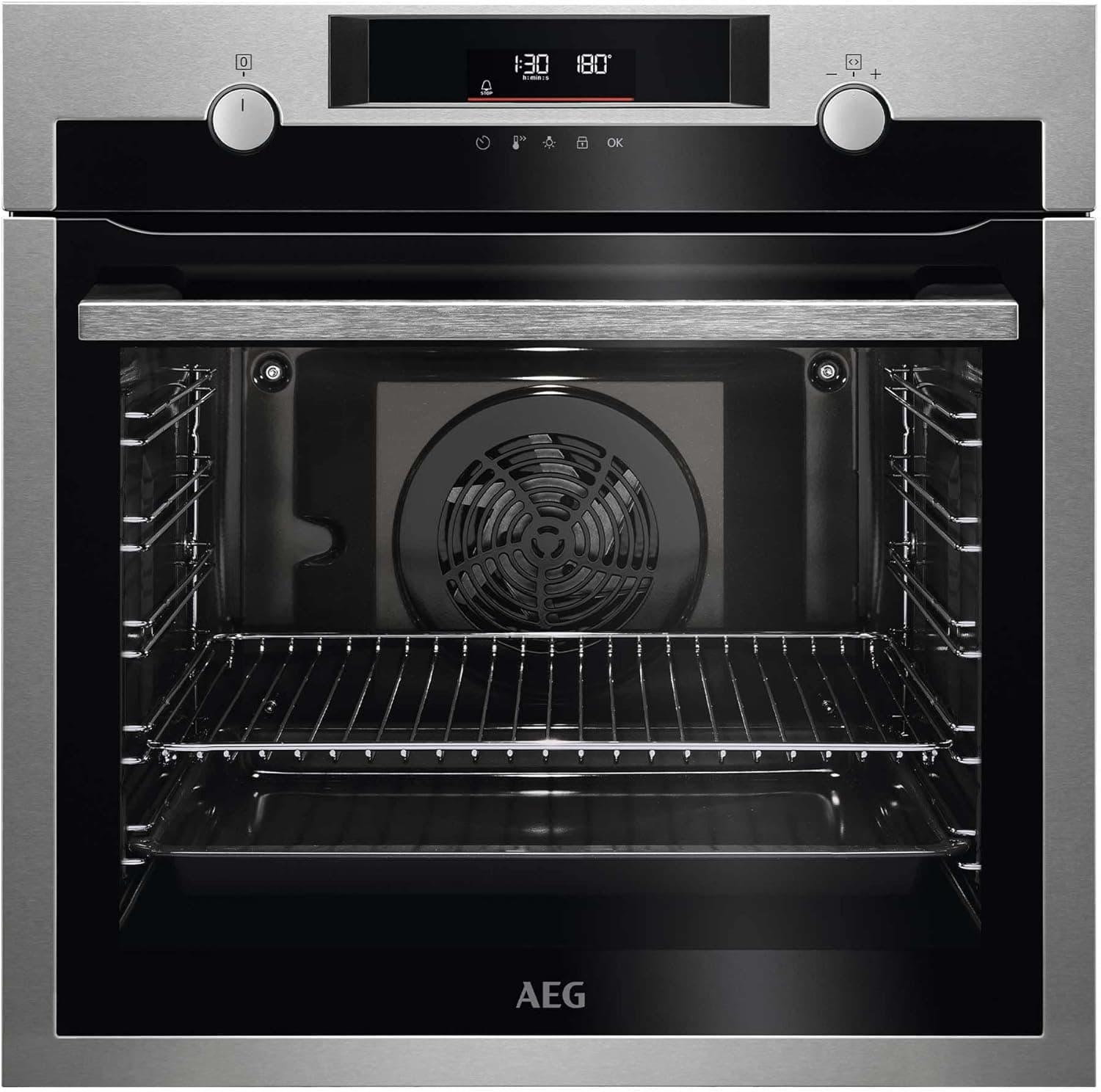 AEG BFP6050M1 Forno elétrico multifuncional integrável, 72 l, limpeza pirolítica, porta de 3 cristais, ecrã LCD tátil, anel térmico adicional, ventilador XXL, Inox, classe A+, fabricado em DE