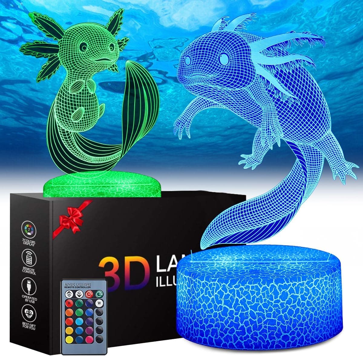 Teliles Axolotl Luz noturna 3D ilusão brinquedo para crianças, 16 cores variáveis com controlo remoto, candeeiro de noite para crianças, aniversário, decoração de quarto