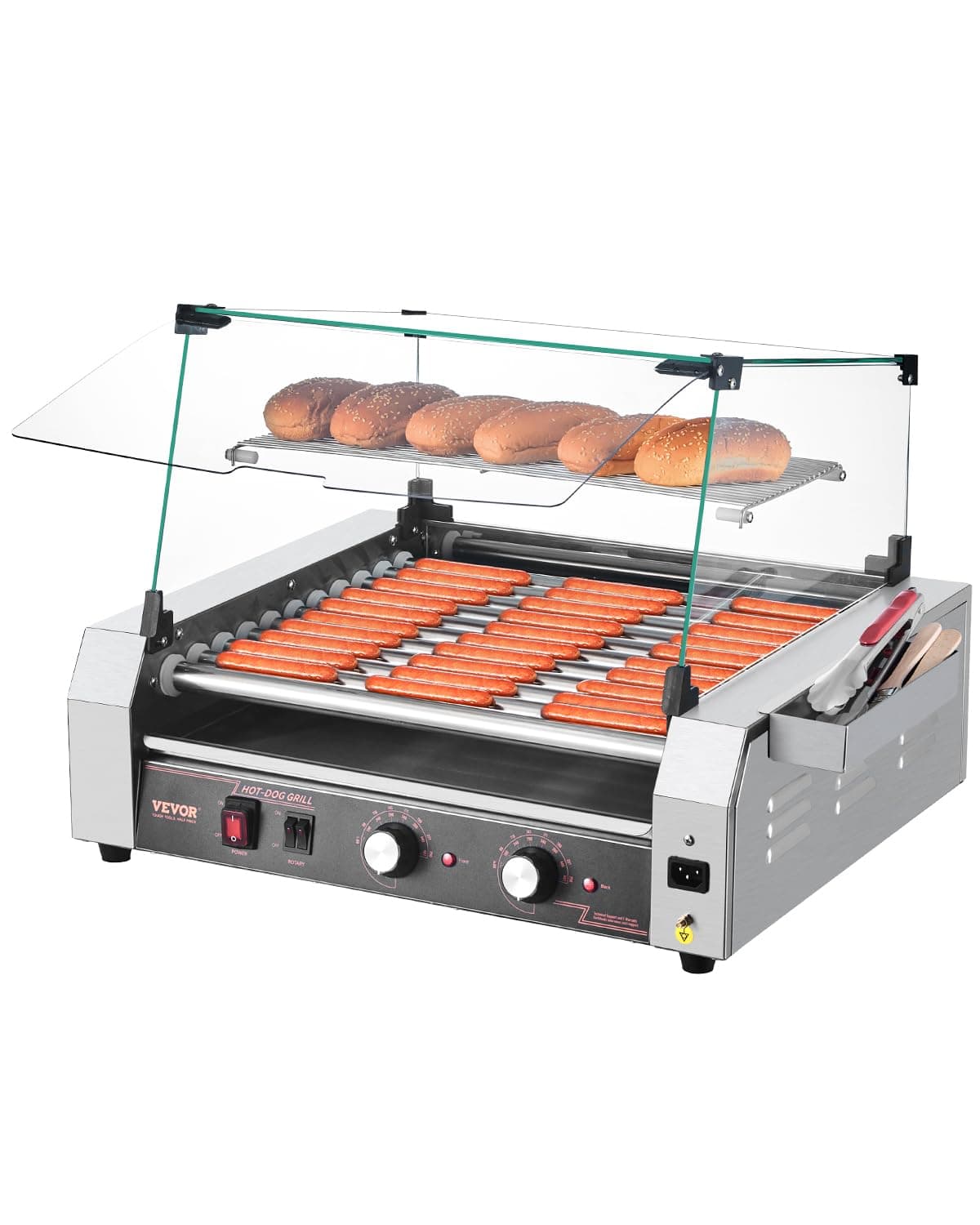 VEVOR Grelha em aço inoxidável para salsichas, 2200 W com controlo duplo de temperatura, cobertura, caixa de armazenamento lateral, prateleira removível e bandeja para gotejamento de óleo, 5 r/min