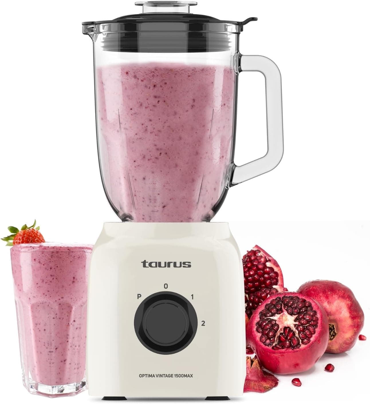 Taurus - Liquidificadora de copo ideal vintage MAX, 1500 W, 21,500 rpm, jarro de vidro de 1,8 l, lâminas de aço inoxidável, função de pico de gelo, 2 velocidades e turbo, seguro, design vintage