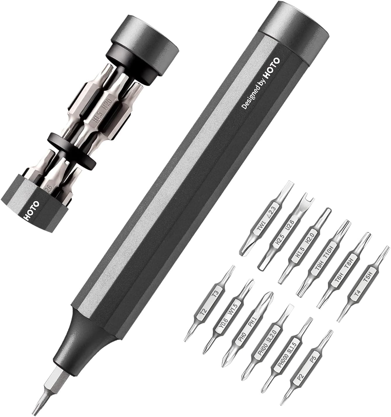 HOTO Conjunto de chaves de fenda de precisão 24 em 1, kit de ferramentas mini com 24 pontas de aço S2, forma de caneta manual, ideal para eletrónica, óculos e pulseiras, cinzento ardósia- P1