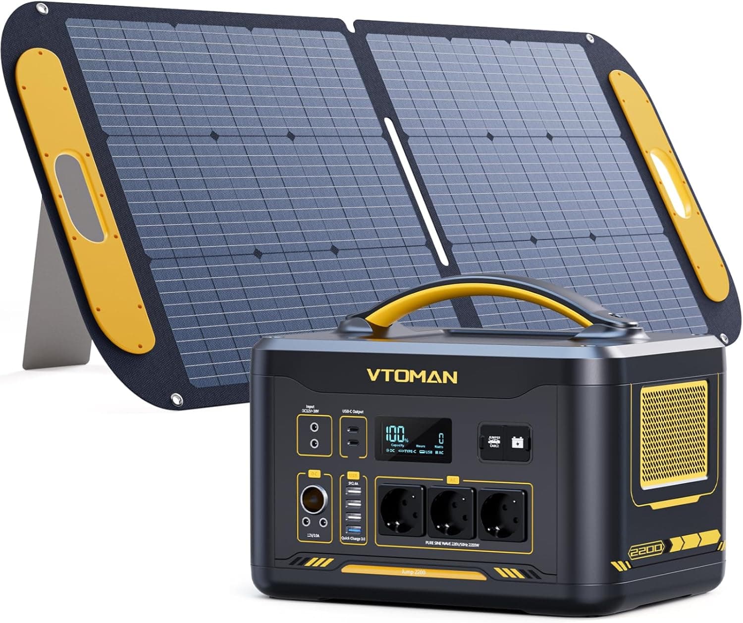 VTOMAN Jump 2200 Estação de energia portátil com painel solar de 110 W, 2200 W/1548 Wh gerador solar LiFePO4,3 saídas CC ajuste de 12 V/10 A, capacidade expansível para 3096 Wh para campisões e