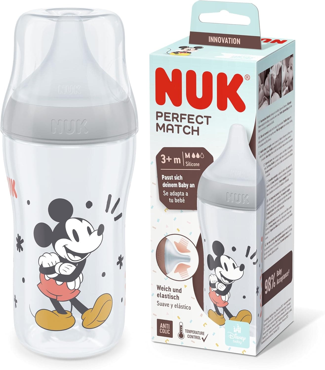 Biberão Perfect Match da NUK | 3 meses | adapta-se ao paladar do bebé, controlo de temperatura, ventilação anticólica, 260 ml, sem BPA, Tetina de silicone média, Mickey Mouse da Disney, cinzento