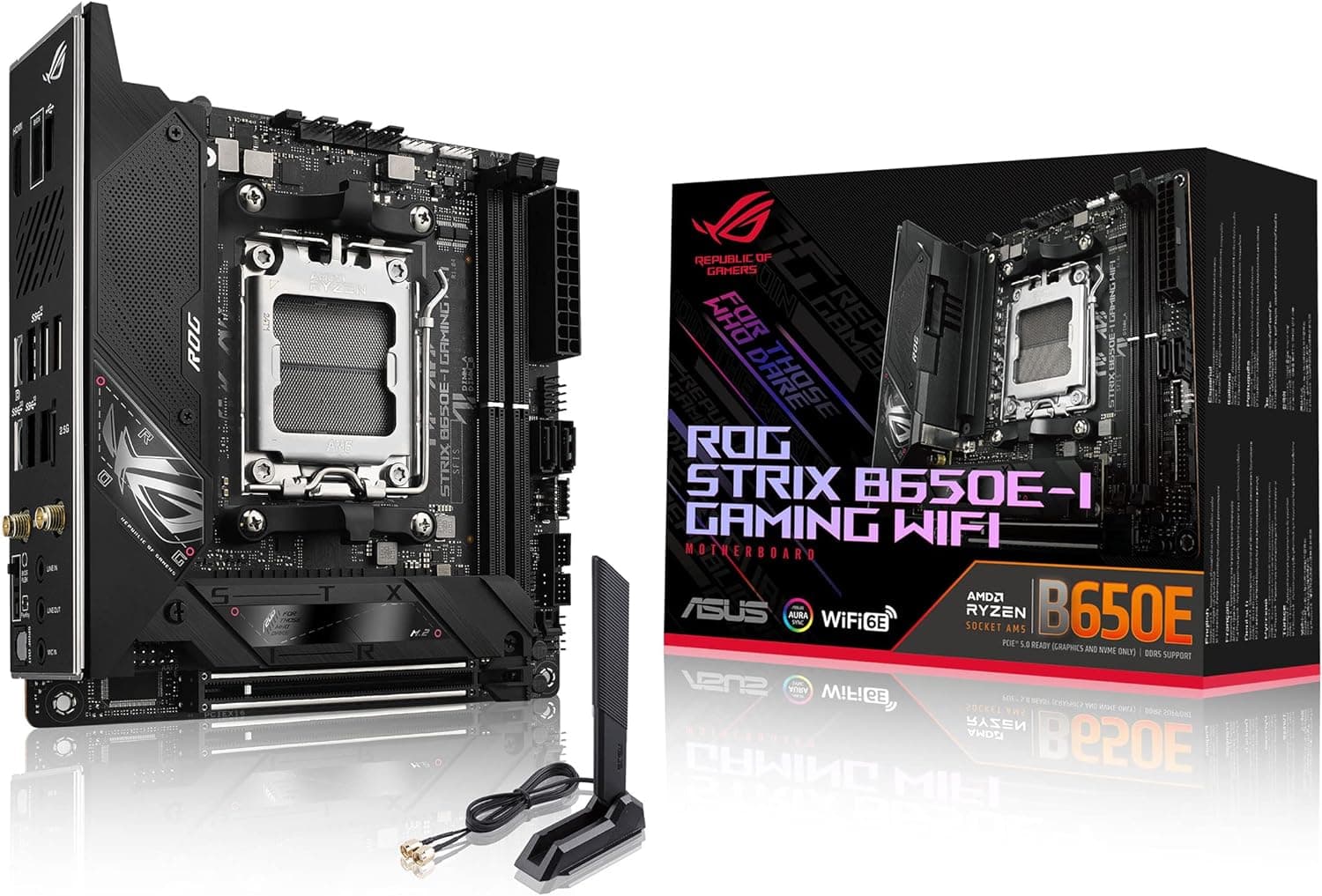 ASUS ROG Strix B650E-I Gaming WiFi, placa base AMD Ryzen AM5 Mini-ITX (VRM de 10 + 2 fases, DDR5, duas ranhuras M.2, PCIe 5.0, 2,5 G LAN, WiFi 6E, USB 3.2 Gen 2 x 2 Tipo C , Aura Sync RGB)