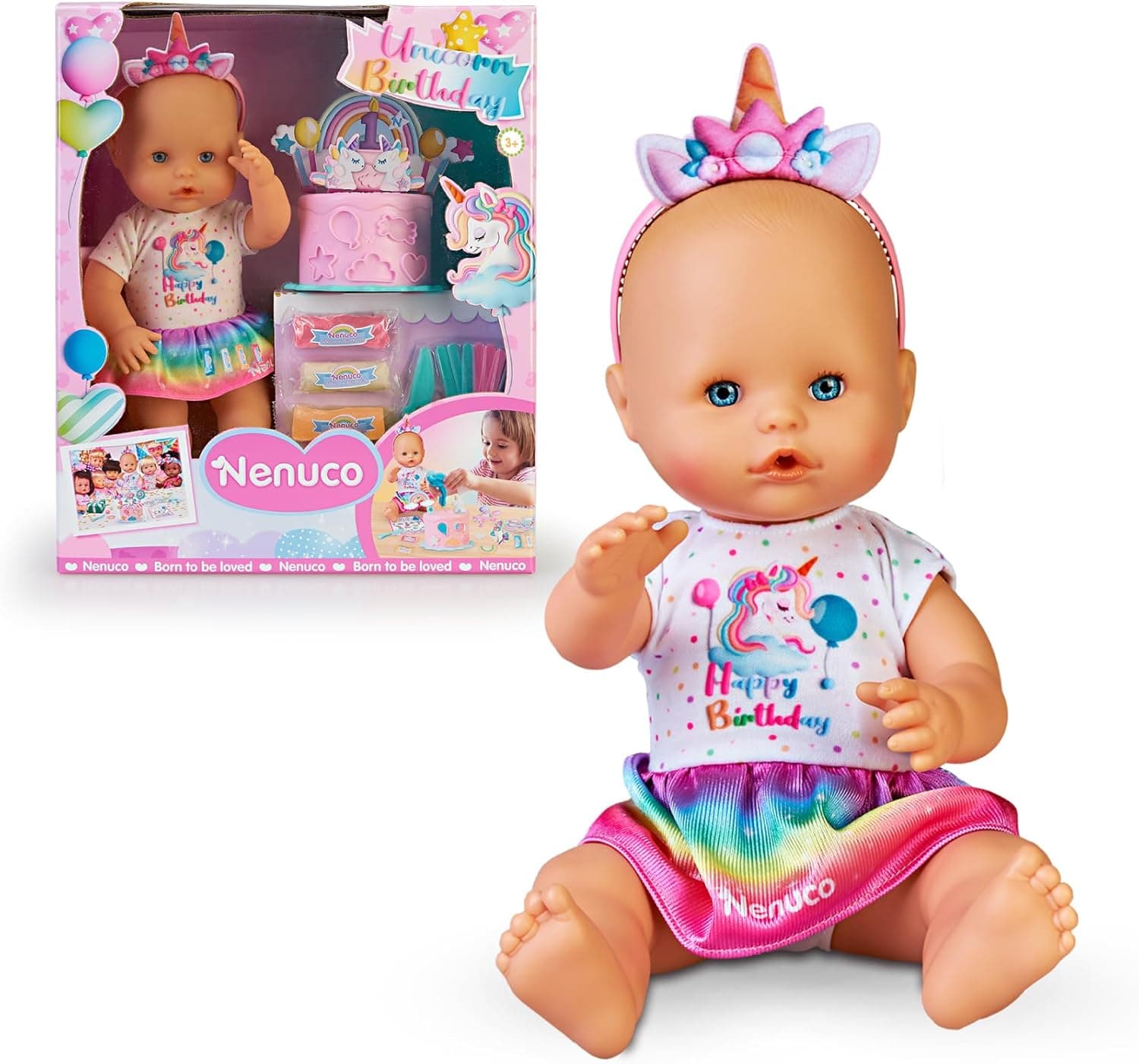 Nenuco - Boneco de unicórnio com acessórios para festas de aniversário, inclui bolo personalizado com plastilina, velas, desenhos e autocolantes, para crianças de 3 anos, famosa (NFN77000)