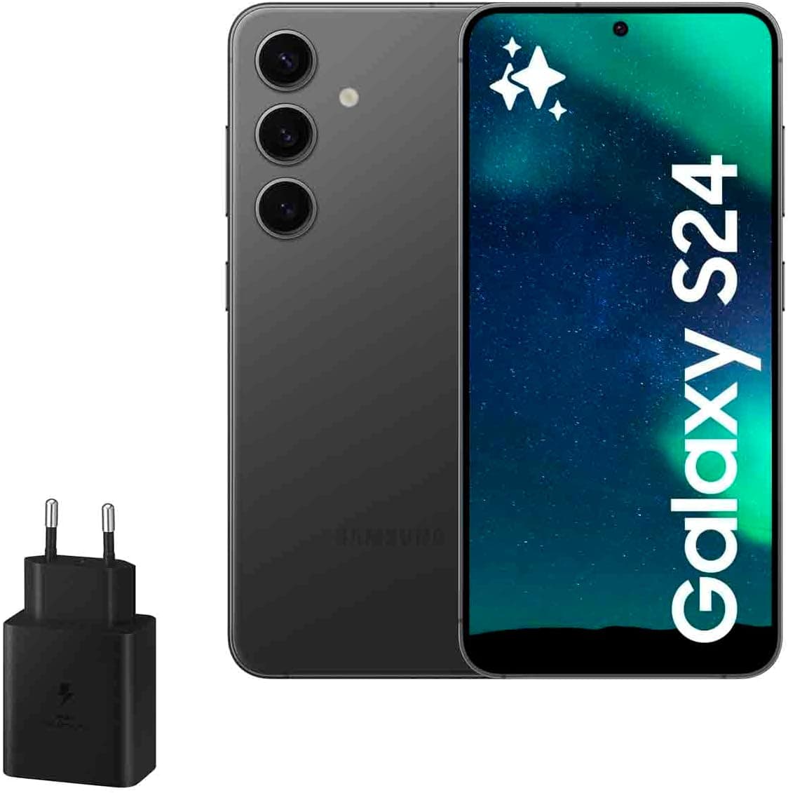 Samsung Galaxy S24 e carregador de 45W, telemóvel com IA, smartphone Android, 8 GB RAM, 256 GB de armazenamento, câmara 50 MP, bateria longa duração, preto Ônix 