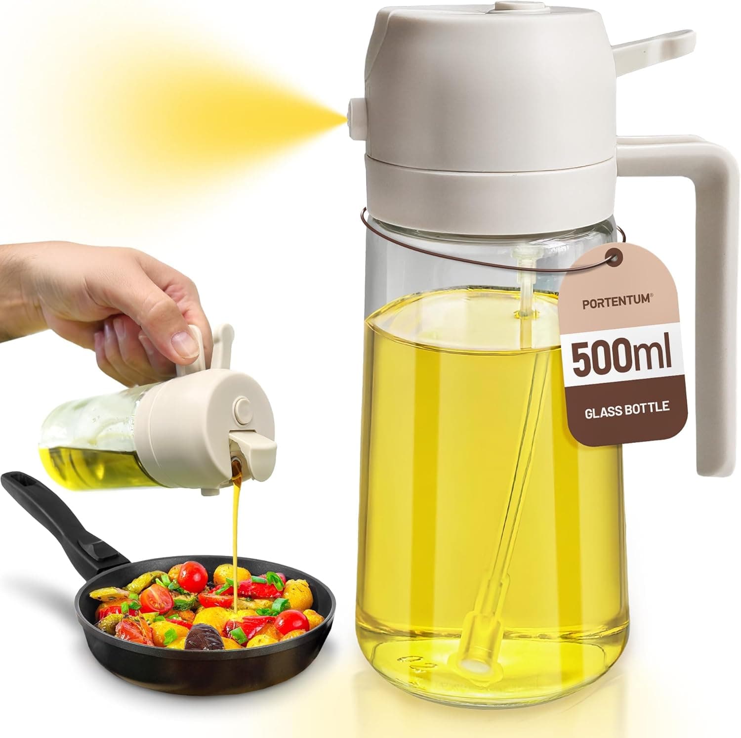 PORTENTUM Pulverizador de óleo spray. 2 em 1 spray de óleo pulverizador, garrafa de vidro de 500 ml/17 oz para fritadeira de ar, churrasqueira (branco)