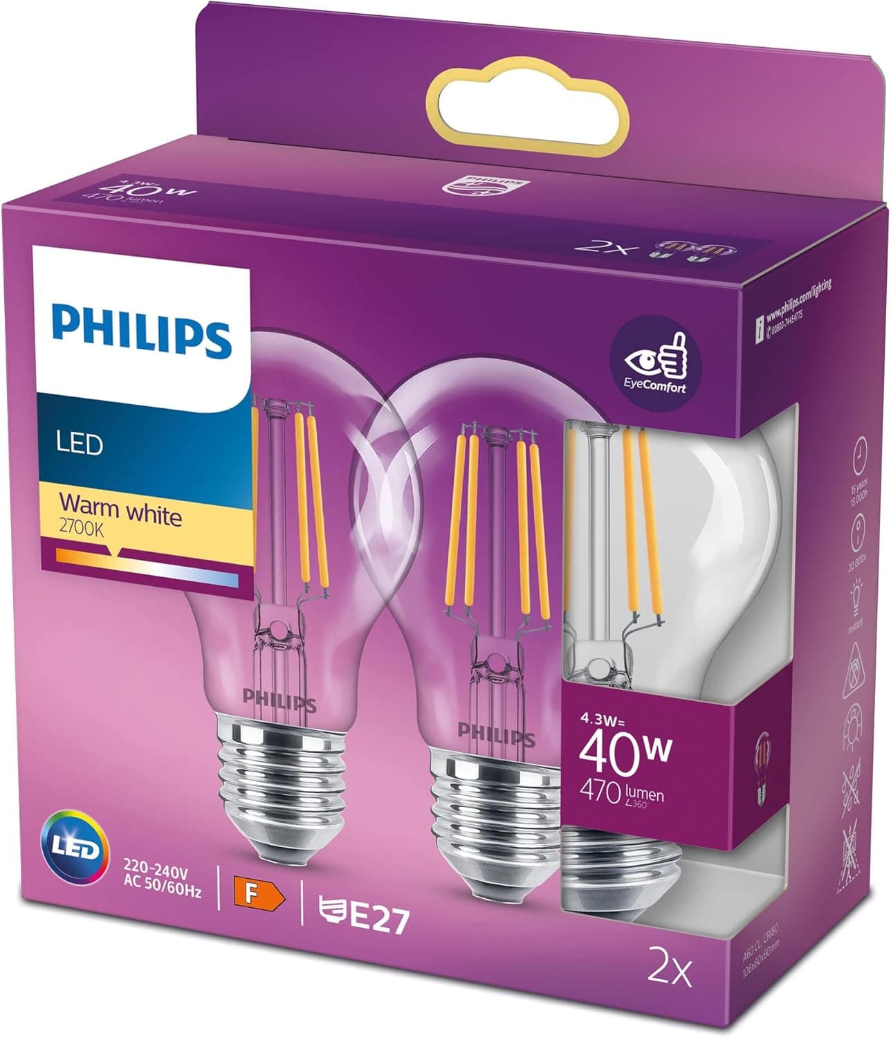 Philips Lâmpada LED de vidro 40 W padrão E27, luz branca quente, transparente, não regulável pack 2
