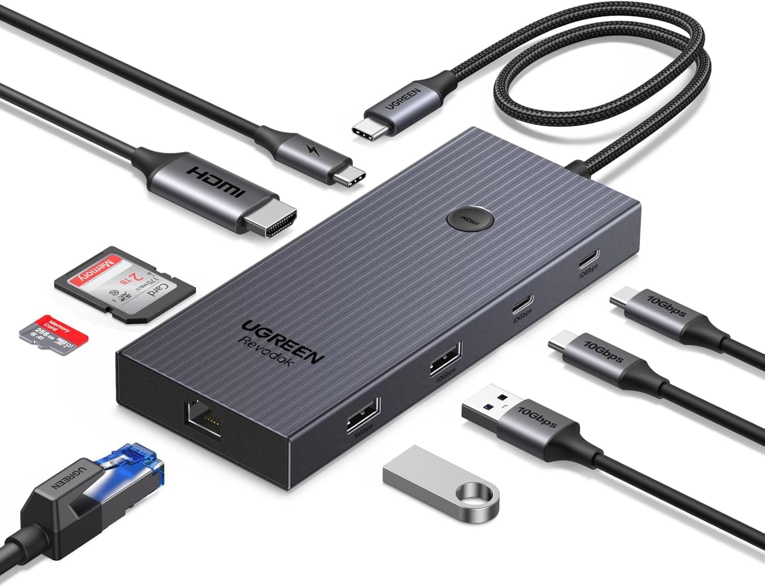 UGREEN Revodok Pro 1091 | Hub USB‑C 10 Gbps com HDMI 4K Ethernet PD 100 W leitor de cartões SD e portas de dados