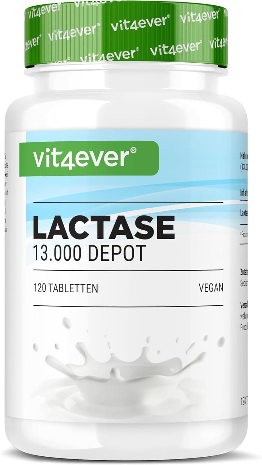 Lactasa 13.000 Depot 120 comprimidos com efeito depot (Sepismart® de libertação lenta), altamente dosados com 13.000 unidades FCC, para intolerância à lactose intolerância ao leite