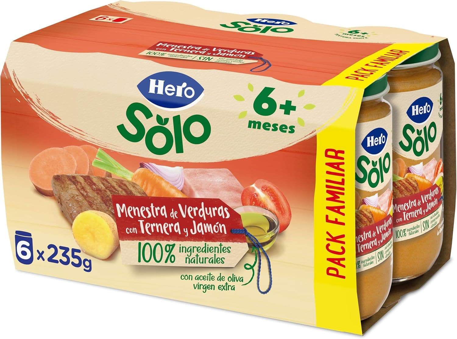 Hero Baby - Barrinhos de mesa de legumes com vitela e presunto, sem adição de sal, sem amido, sem óleo de palma, ingredientes 100% naturais, pack de 6 x 235 g