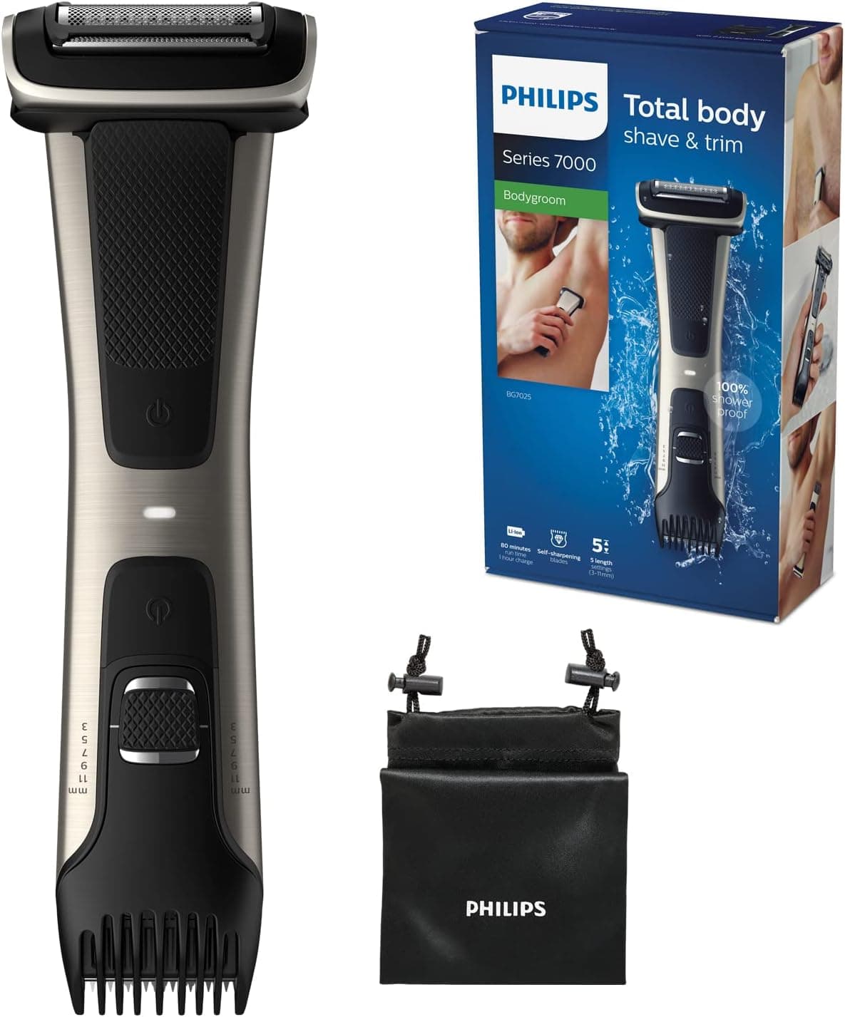 Philips Series 7000 BG7025/15 - Máquina de barbear corporal com cabeça aparadora e de barbear, 80 minutos de utilização, adequada para o duche, cor preta