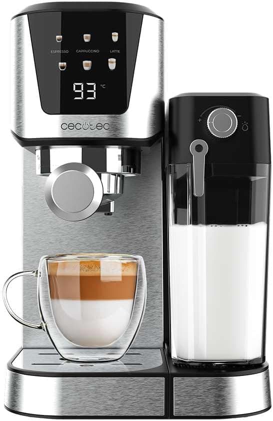Cecotec Cafeteira semiautomática Power Espresso 20 cream, 20 bares, aquecimento por Thermoblock, adequada para café moído, expresso, cappuccino e latte, ecrã tátil, depósito de leite 700 ml e água 1 l