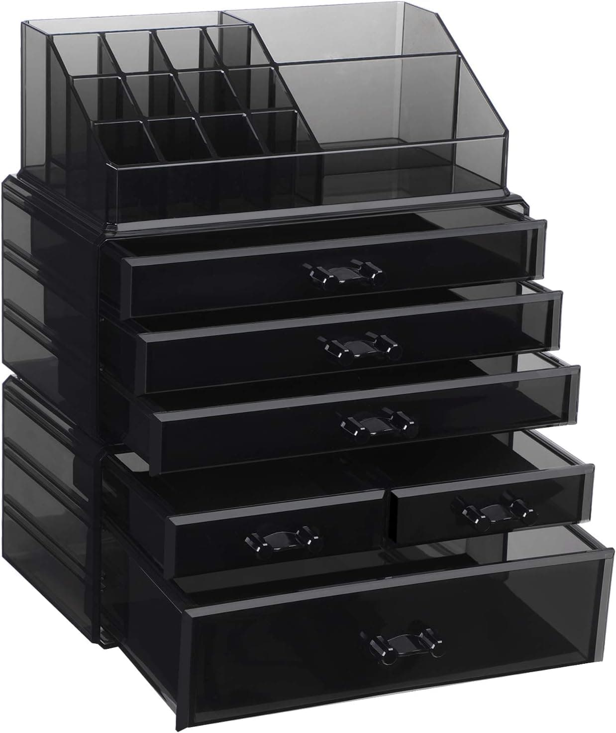 SONGMICS Organizador de maquilhagem acrílico grande, caixa de cosméticos empilhável com 6 gavetas, para paleta, escova, base de maquilhagem, batom de esmalte, preto JKA009BK