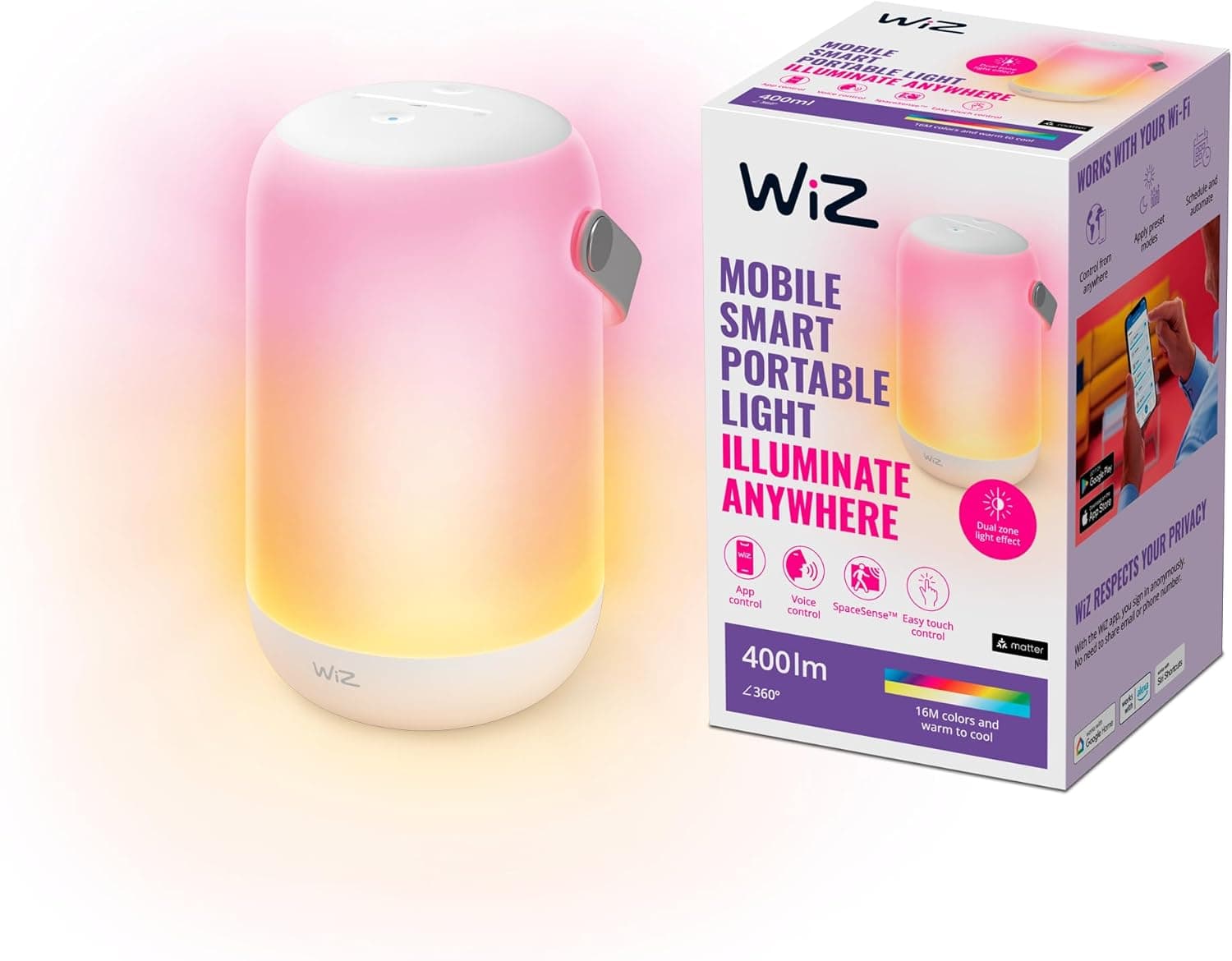 WiZ - Candeeiro portátil móvel luz branca e colorida efeito de iluminação de zona dupla controlo por voz e com painel tátil, com tecnologia SpaceSense e compatível com Alexa e Google Home