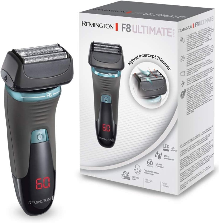 Remington Máquina de barbear de lâminas Ultimate Series F8 - máquina de barbear sem fio, lâminas Lift Logic, cabeça de recorte híbrido, 60 min automonomia, bateria de lítio, resistente à água - XF8705