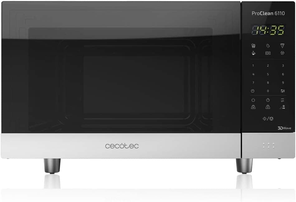 Cecotec Microondas ProClean 6110. 800 W e brilho de 1000 W, capacidade de 23 l, revestimento Ready2Clean para uma melhor limpeza, tecnologia 3DWave, design com acabamentos em aço inoxidável