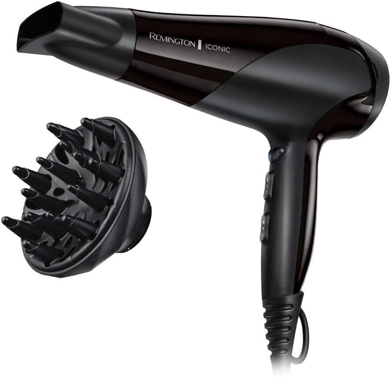 Remington Secador de cabelo Ionic Dry 2200, íónico, cabelo sem crespamento, 2200 W, concentrador e difusor de 3 temperaturas, 2 velocidades, grade traseira removível, gancho para pendurar, D3198