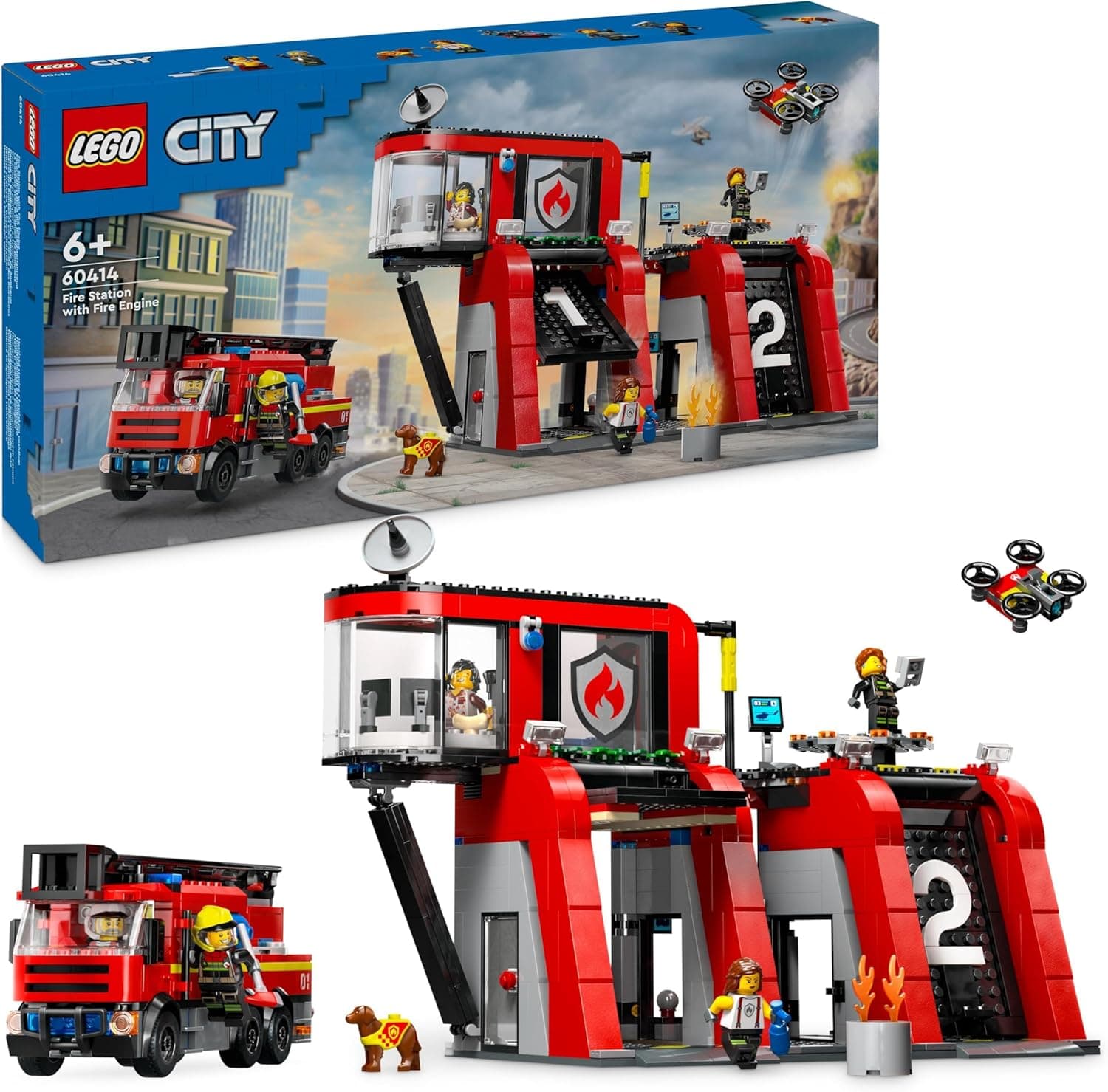 Lego City Parque de bombeiros com camião de brinquedo, presente de aniversário para meninos e meninas de 6 anos ou mais, figura de cão e 5 minifiguras, jogo imaginativo e de ação 60414