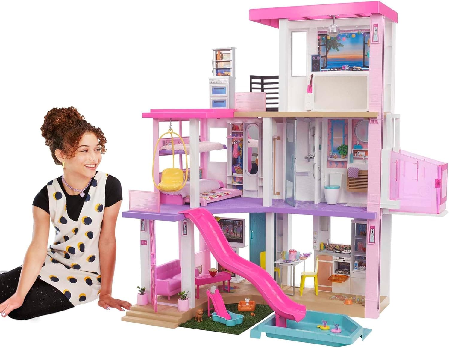 Barbie Casa de bonecas Dreamhouse - com piscina, escorrega e elevador - luzes e som - 75 peças - 104 x 109 cm - presente para crianças dos 3 aos 7 anos, GRG93