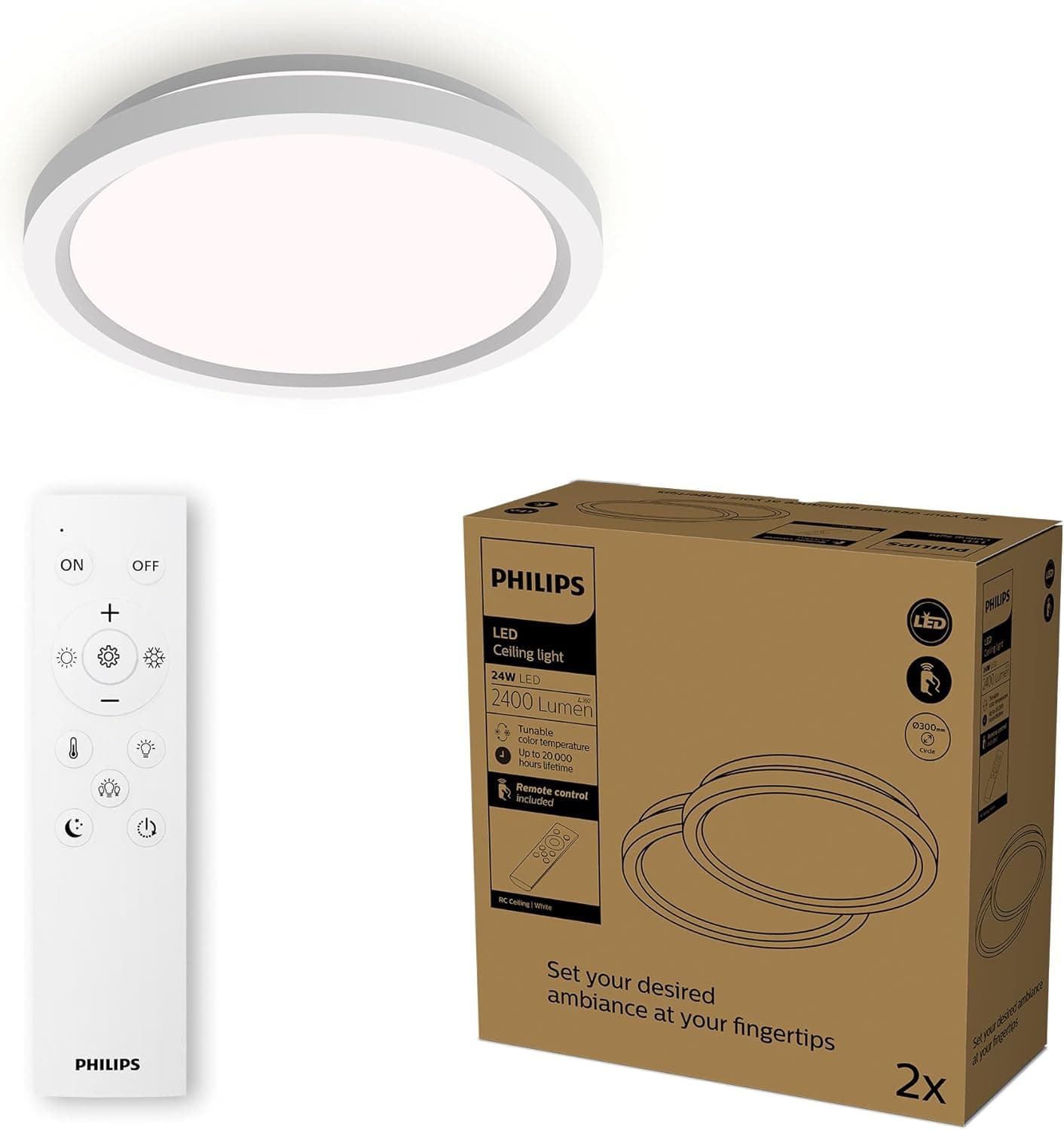 Philips LED, luz de teto com comando, redonda, 30 cm, regulável, luz branca ajustável, sala de estar, quarto, sem cintilação ou brilho, design moderno, branco/preto