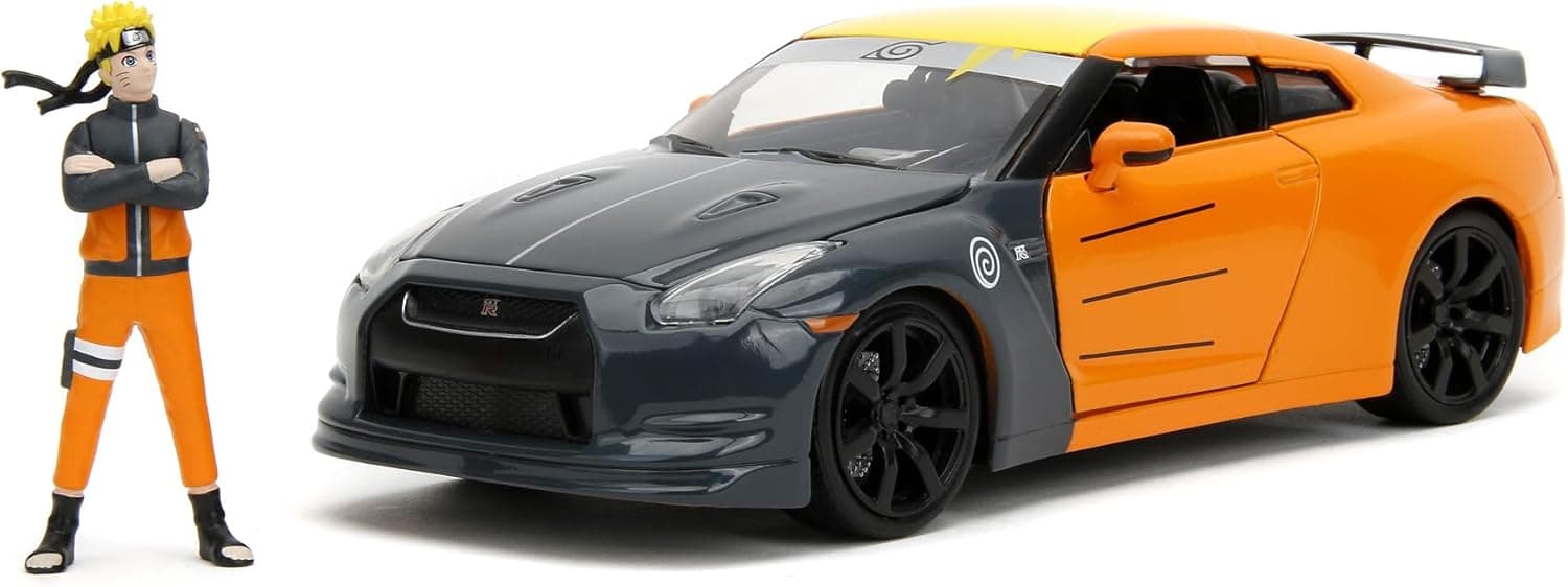 Jada- Naruto Coche Nissan GT-R 1:24 die-cast, rueda libre, apertura de puertas, capó, maletero, figura de Naruto die-cast (253255054)