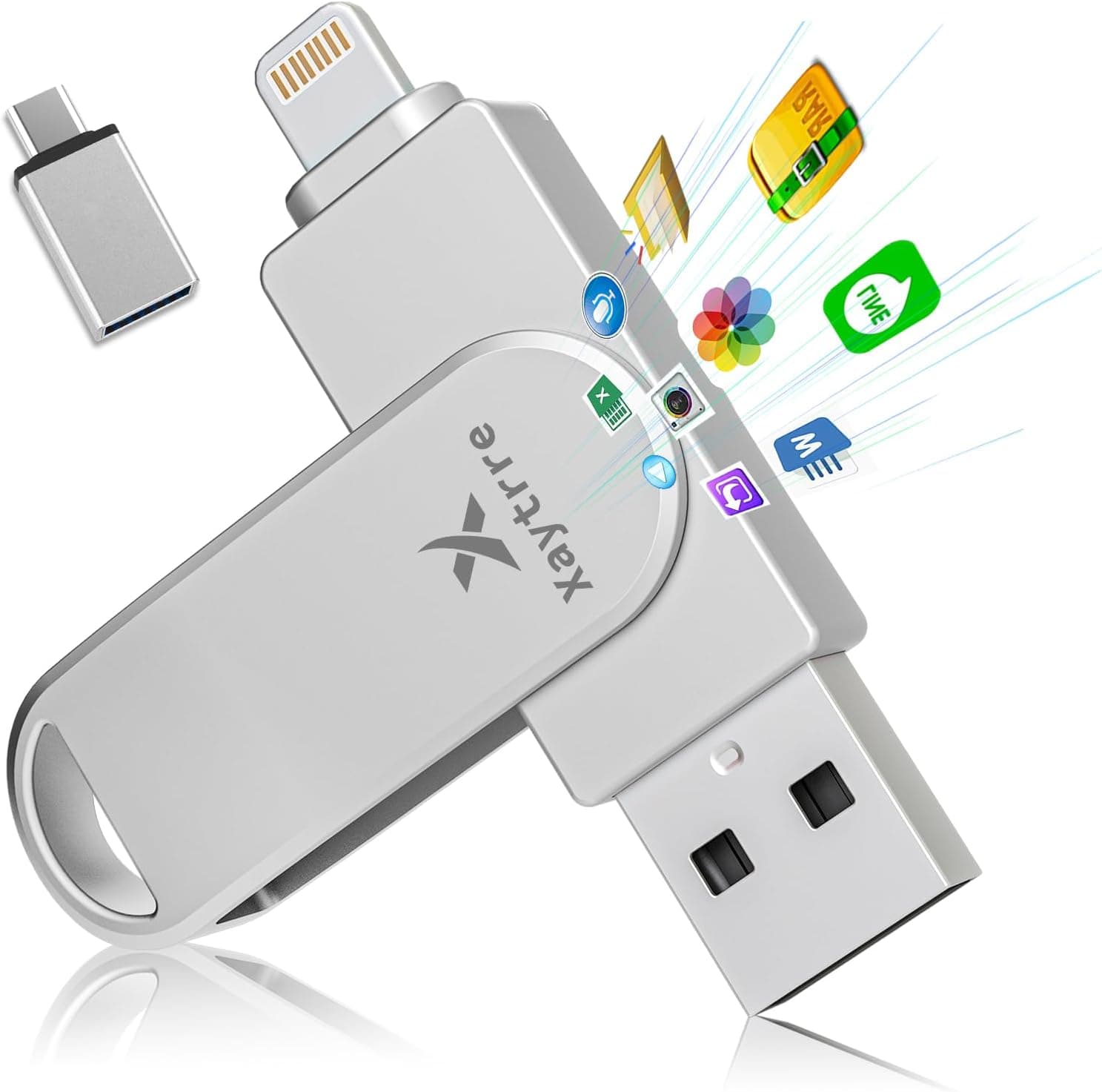 Xaytrre - Memória USB para iPhone 512 GB, memória externa Lightning, 3.0, 3 em 1, lápis de cópia de segurança para iPhone/Smartphone/iPad/Android/PC, cor prateada