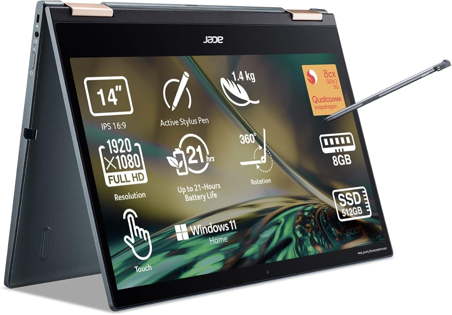 Acer Spin 7 SP714-61NA-S79F Computador portátil conversível 14" FullHD (Qualcomm Kryo 495, 8 GB RAM, 512 GB SSD, Qualcomm Adreno 685, Windows 11 Home) azul - teclado QWERTY espanhol