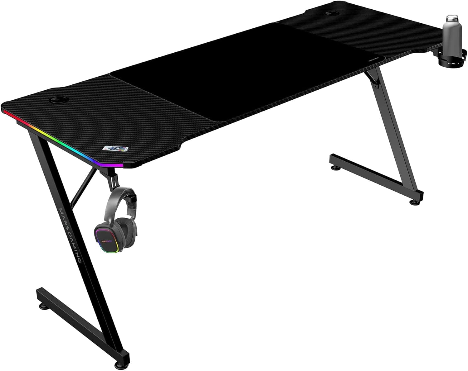 Mars Gaming MGDX160RGB | Secretária gaming ergonómica com iluminação ARGB tapete XXL suporte para auscultadores e bebidas gestão de cabos 160 x 60 cm preta