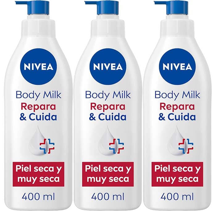 Nivea Repare & Cuide Body Milk, creme hidratante corporal para peles secas e extra secas, creme hidratante com 72 h de hidratação e cuidados intensivos, 3 x 400 ml