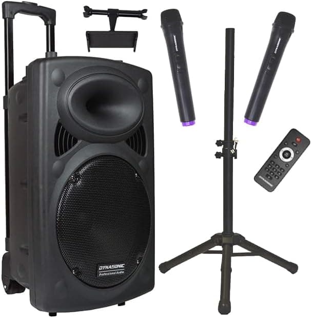DYNASONIC - DYNAPRO 15 Plus (3ª geração pack tripé) Altifalante Bluetooth portátil profissional, altifalante Bluetooth potente 1000 W 2 microfones Karaoke, suporte para tablet e tripé
