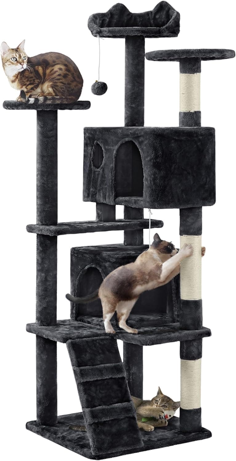 Yaheetech Árvore raspador para gatos de 158 cm, com plataforma torre alpinista para 1-3 gatos médios com bolas 49 x 49 x 158 cm, cinzento escuro preto