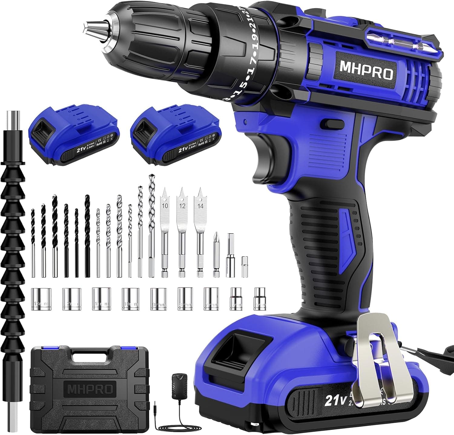 MHPRO Broca de bateria de 21 V, broca parafuso bateria com 2 baterias 2000 mAh, chave de fenda elétrica de 42 Nm, ajuste de par, 30 acessórios, 2 velocidades, LED luz para casa, bricolage